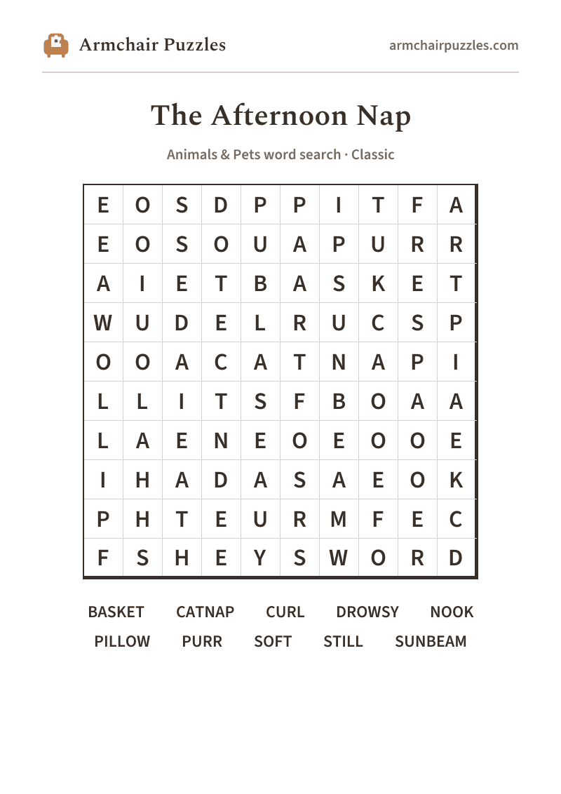 The printable The Afternoon Nap word search sheet