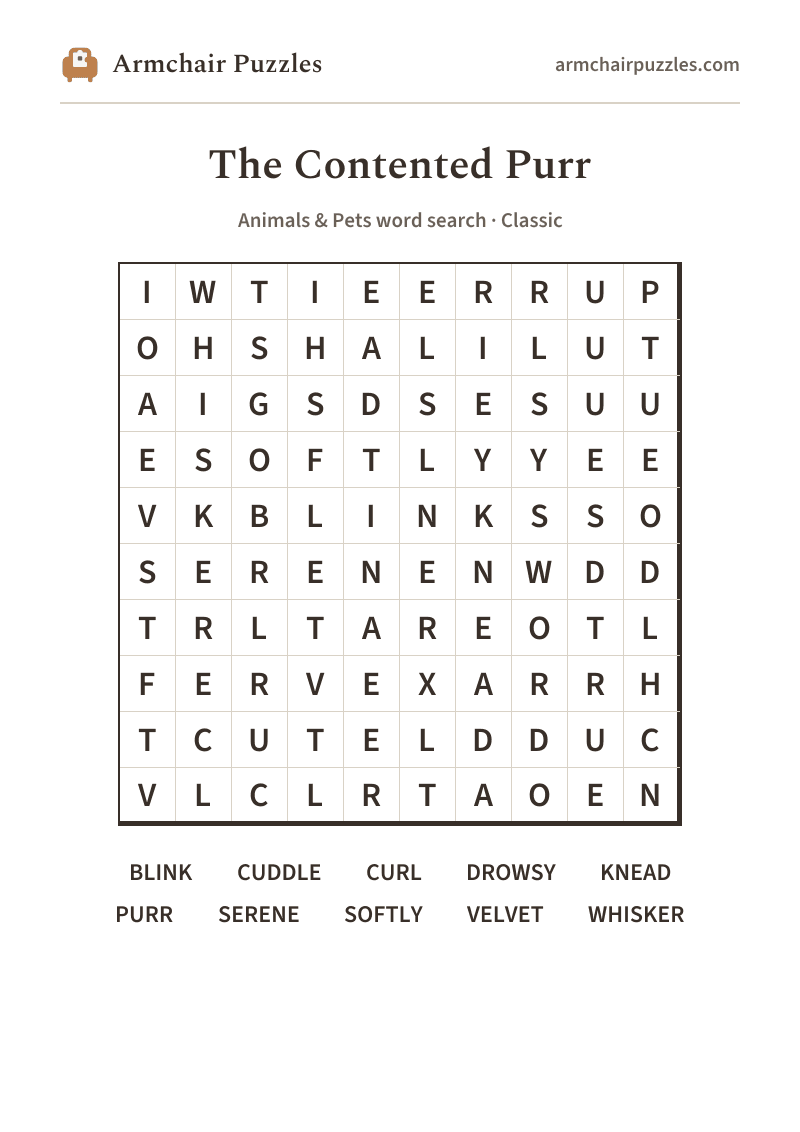 The printable The Contented Purr word search sheet