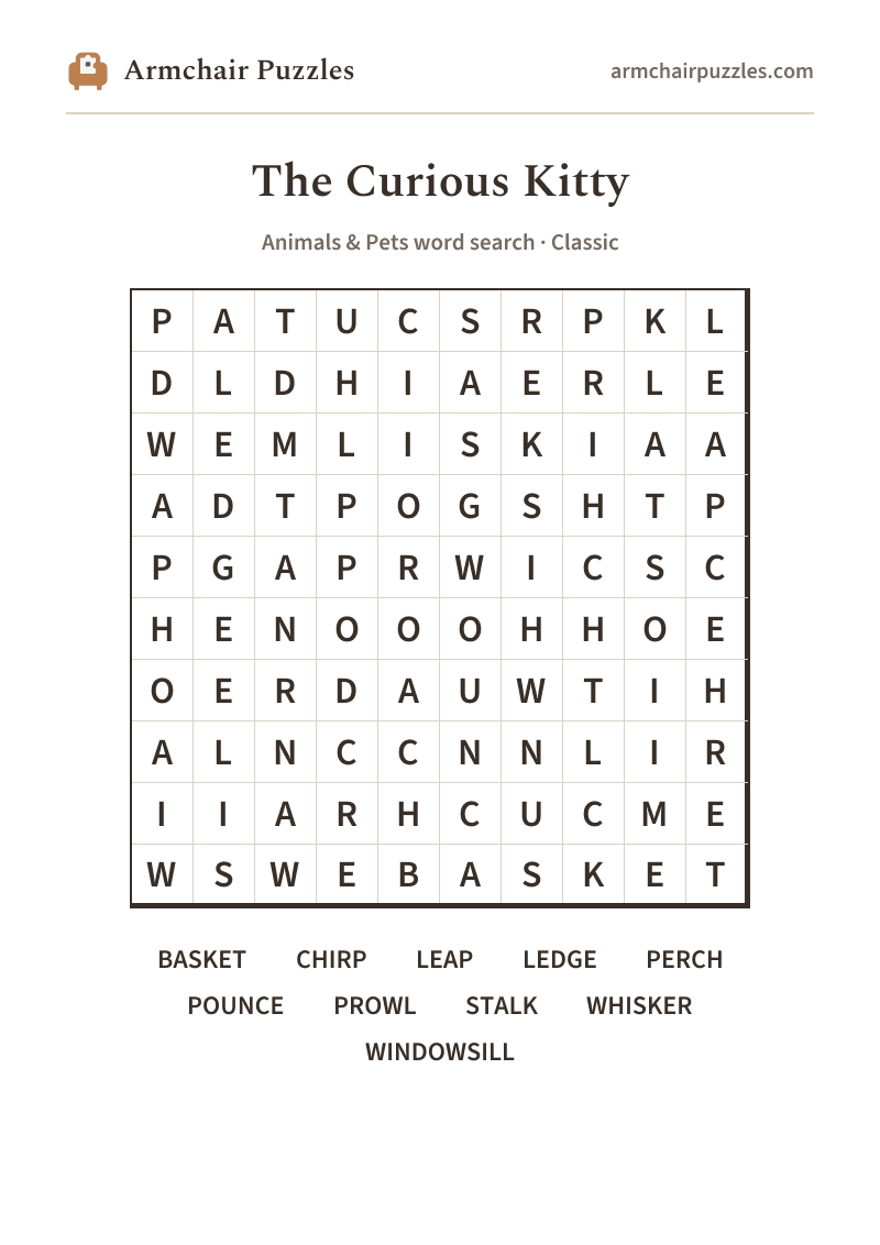 The printable The Curious Kitty word search sheet in large print