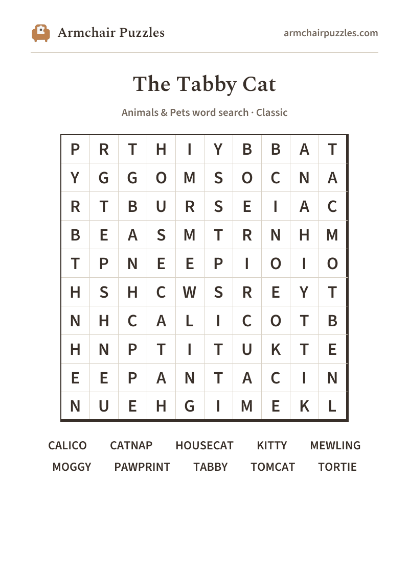 The printable The Tabby Cat word search sheet