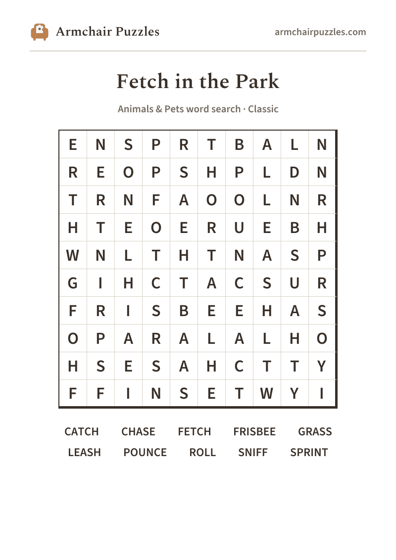The printable Fetch in the Park word search sheet: large-print Classic grid with its word list