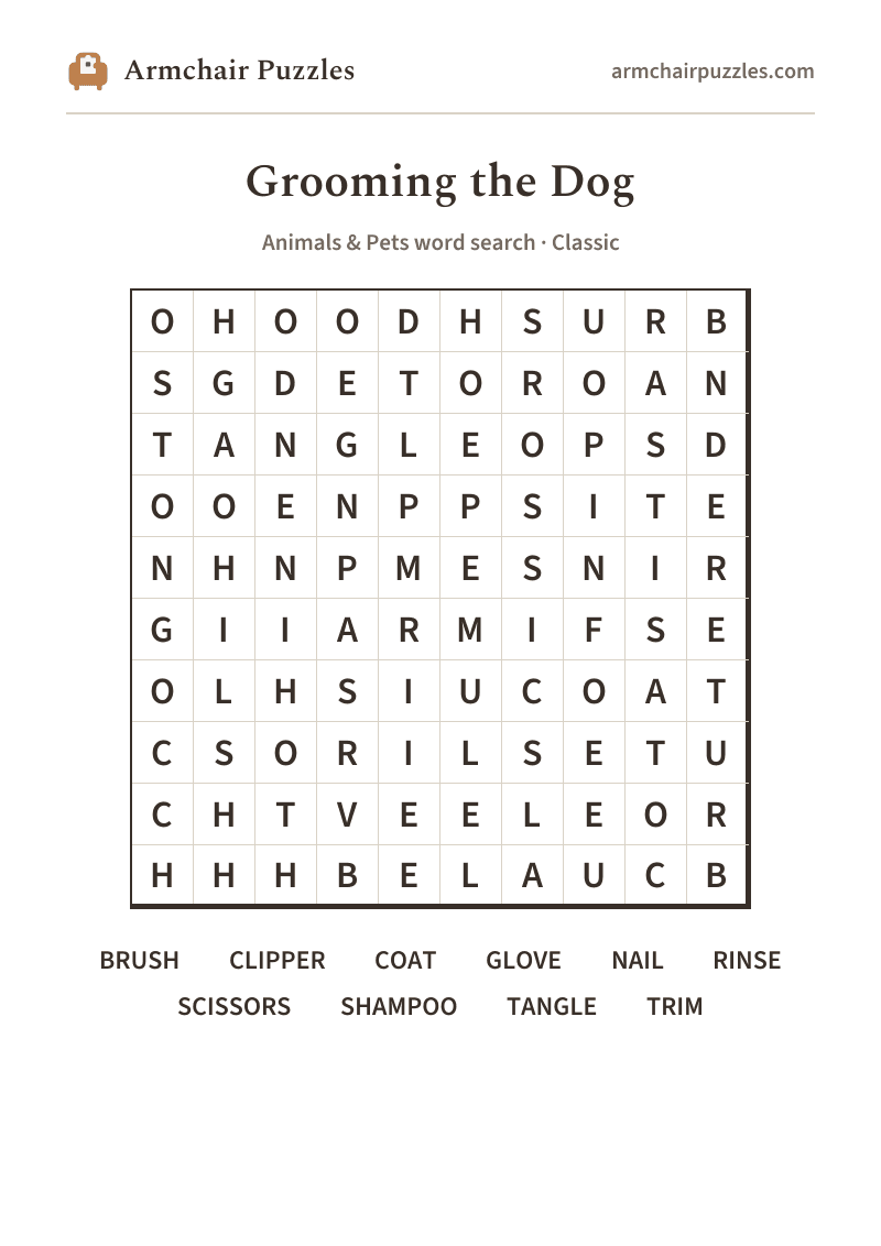 The printable Grooming the Dog word search sheet