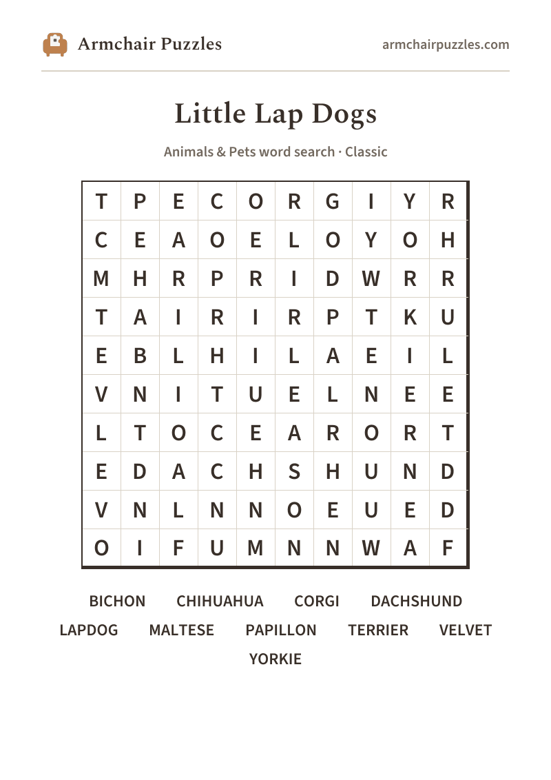 The printable Little Lap Dogs word search sheet