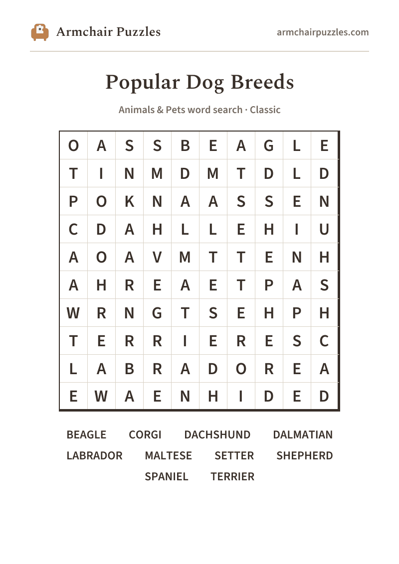 The printable Popular Dog Breeds word search sheet in large print