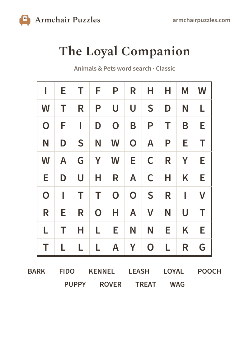 The printable The Loyal Companion word search sheet