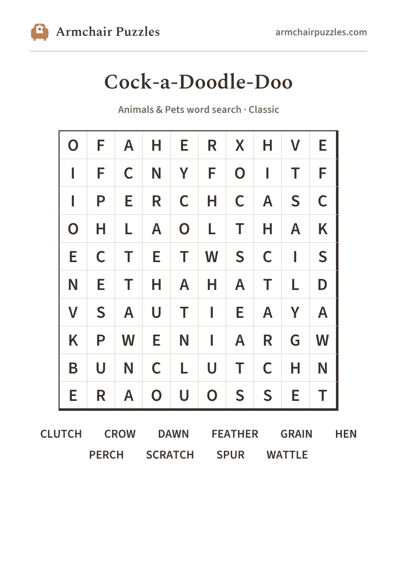 The printable Cock-a-Doodle-Doo word search sheet