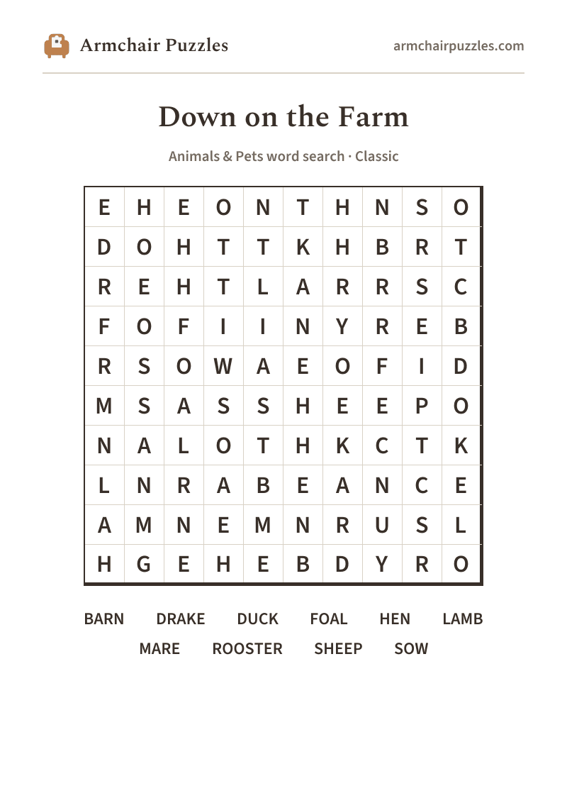 The printable Down on the Farm word search sheet