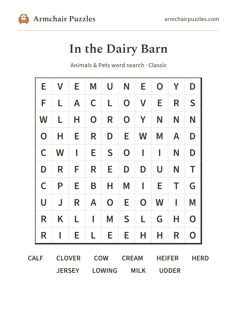 The printable In the Dairy Barn word search sheet