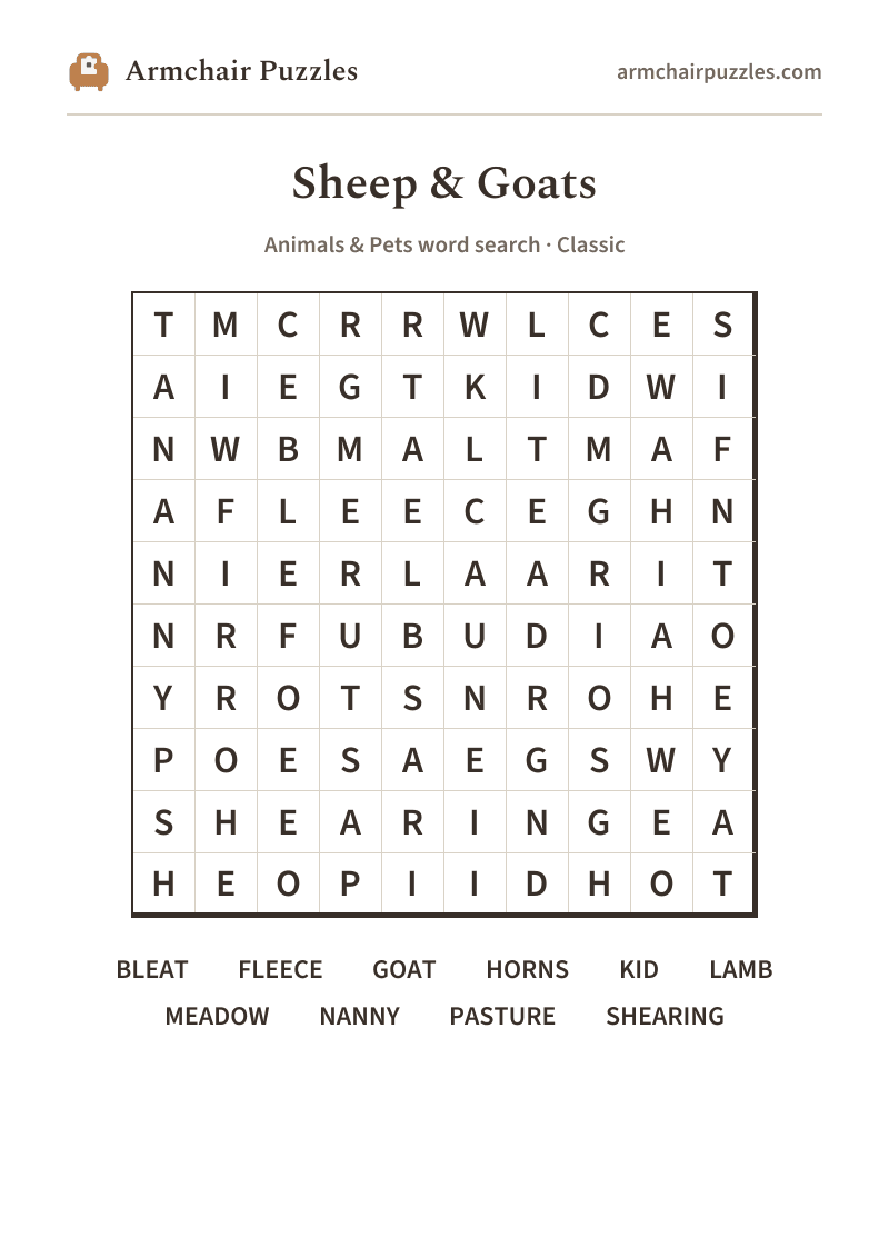 The printable Sheep & Goats word search sheet