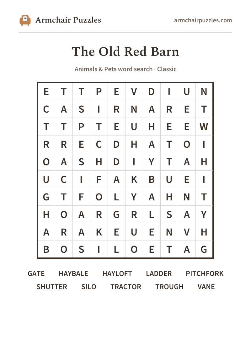 The printable The Old Red Barn word search sheet