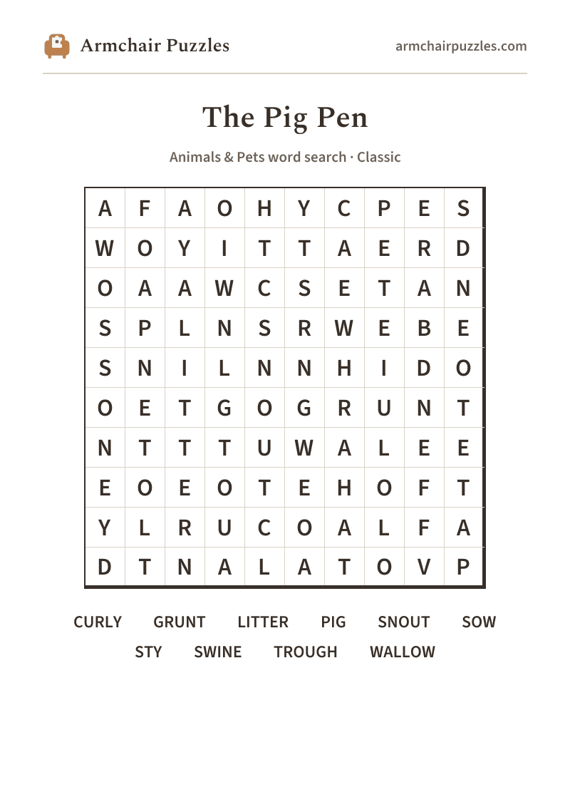 The printable The Pig Pen word search sheet