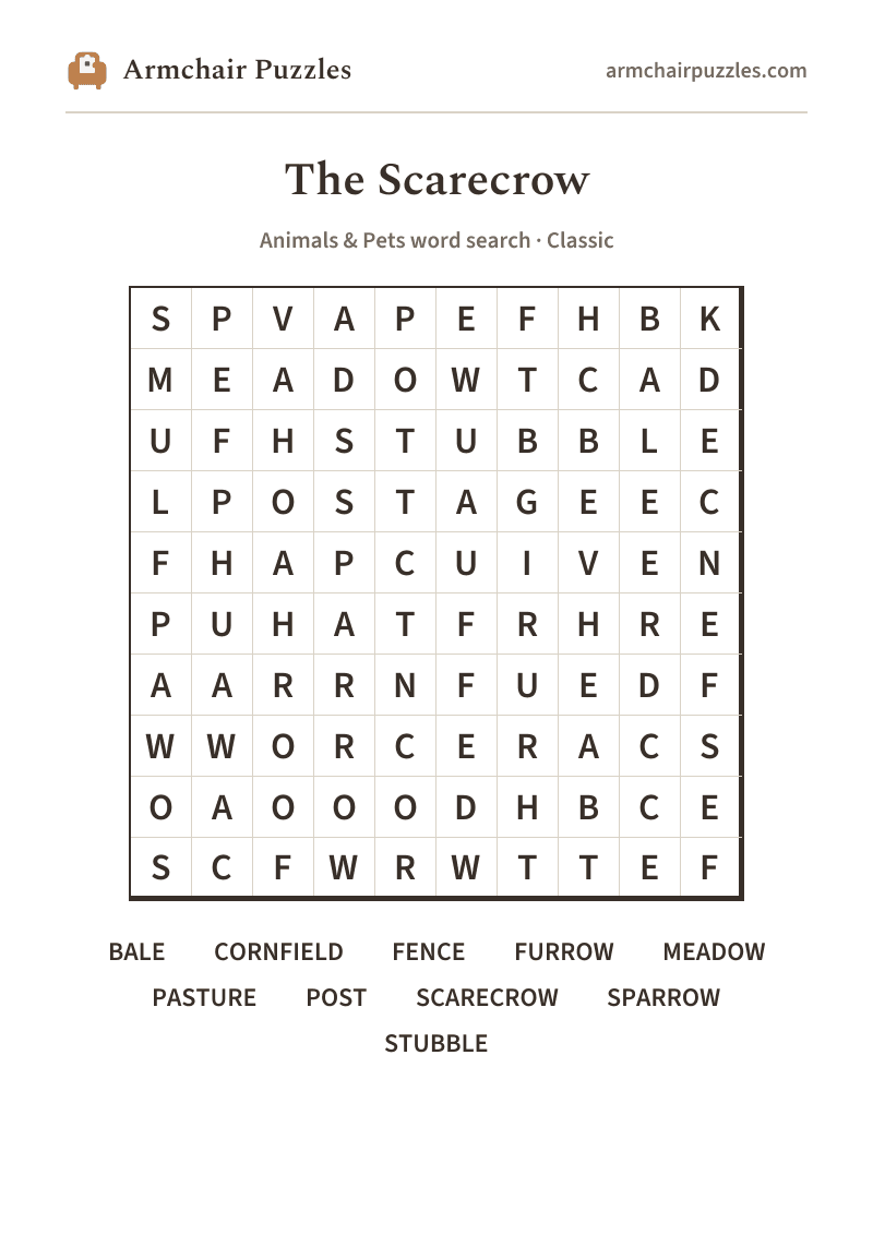 The printable The Scarecrow word search sheet: large-print Classic grid with its word list