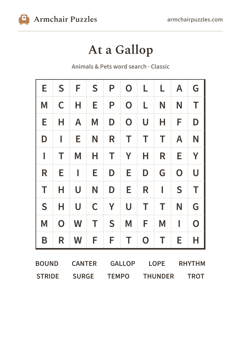The printable At a Gallop word search sheet in large print