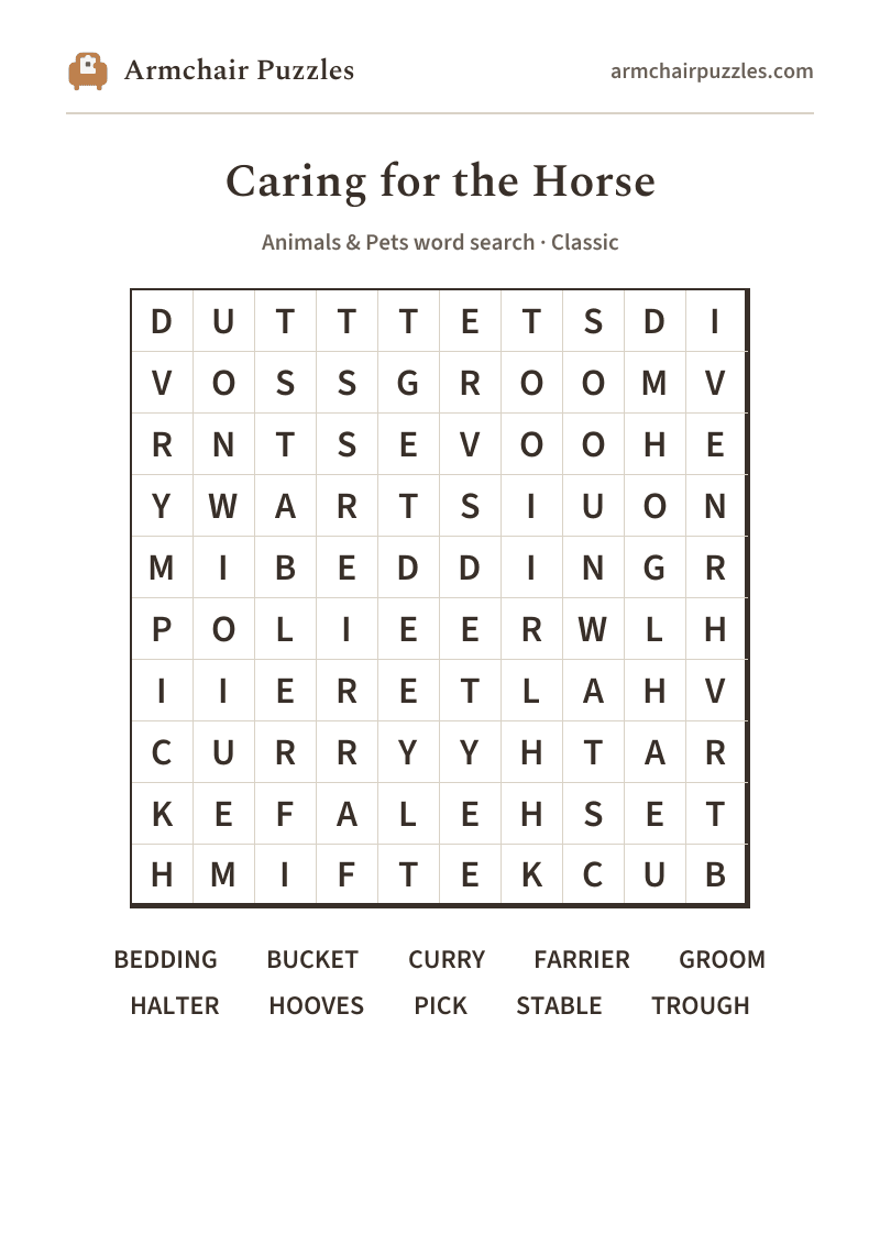 The printable Caring for the Horse word search sheet: large-print Classic grid with its word list