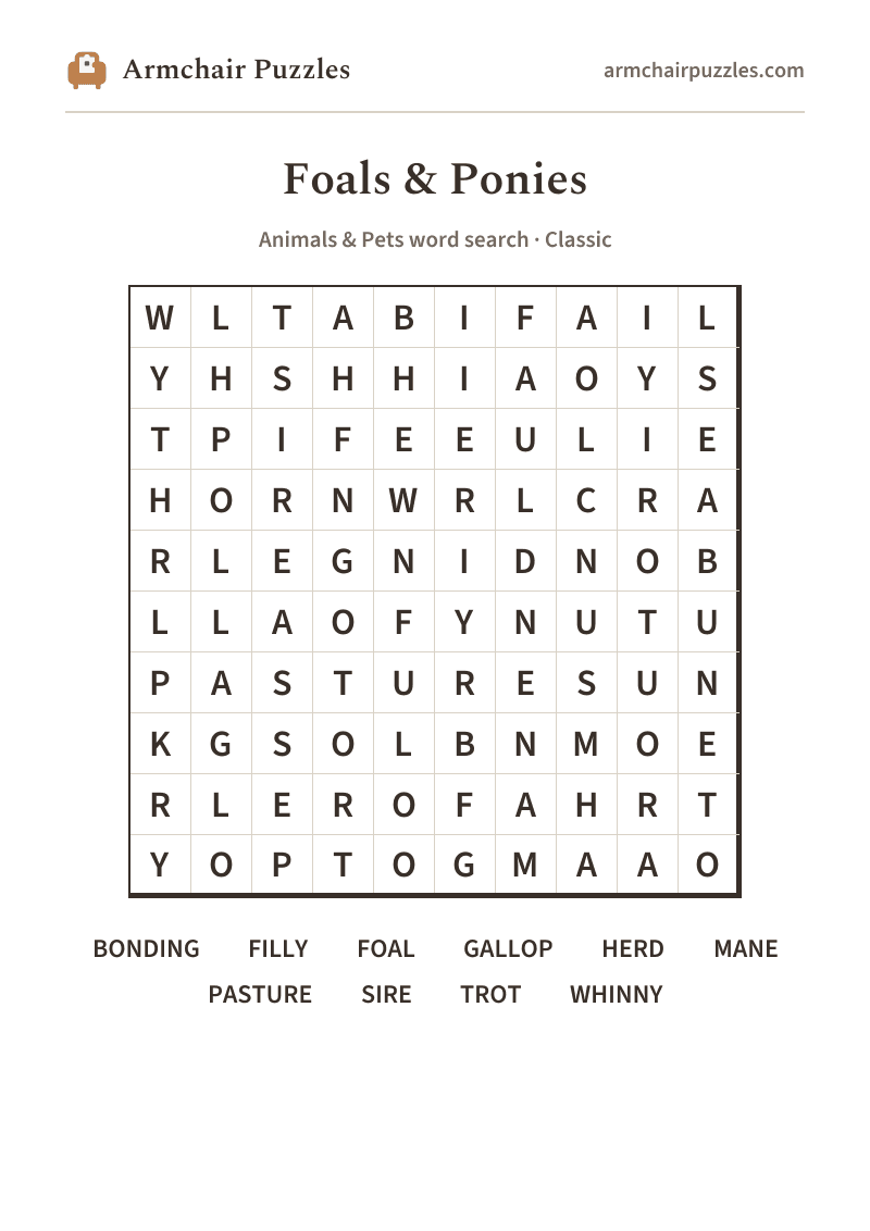 The printable Foals & Ponies word search sheet in large print
