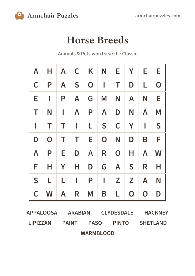 The printable Horse Breeds word search sheet: large-print Classic grid with its word list
