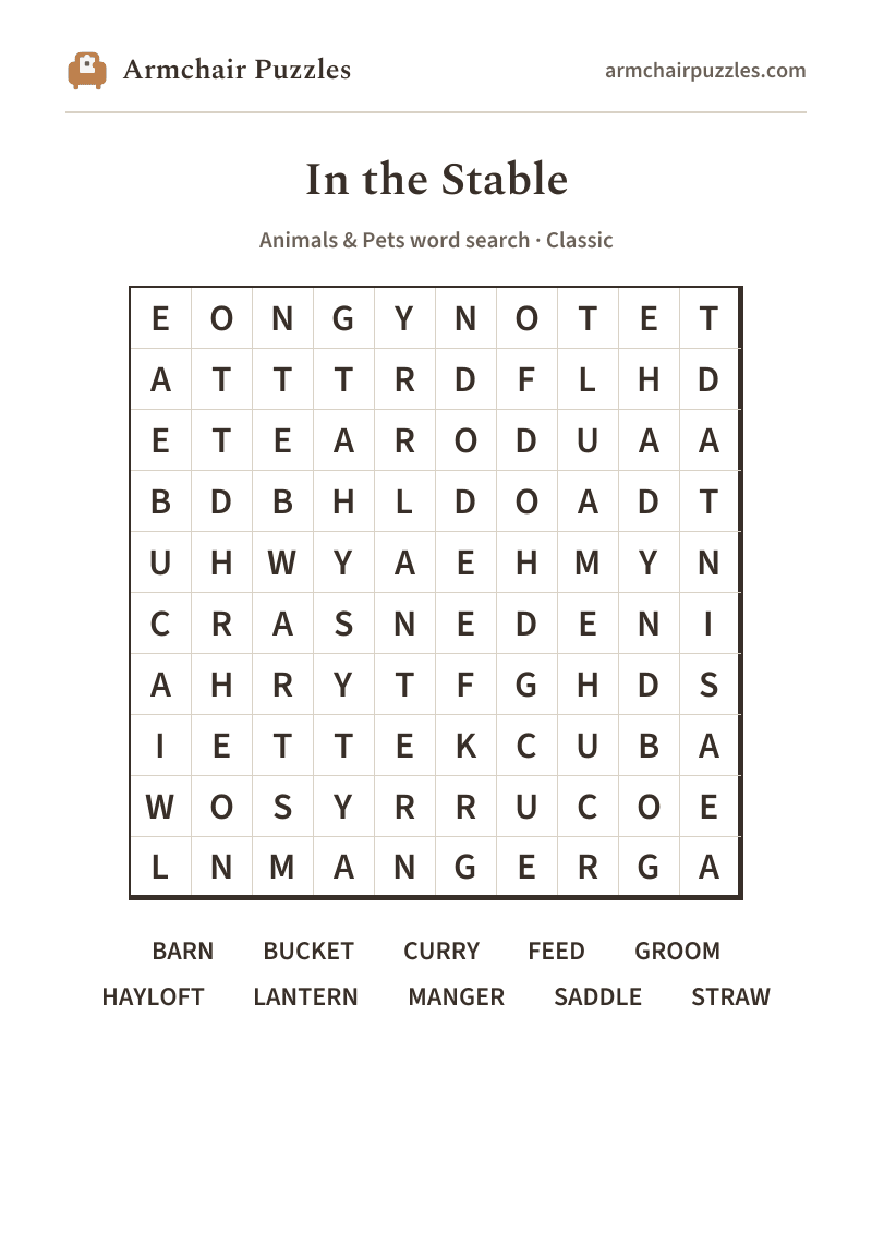 The printable In the Stable word search sheet in large print