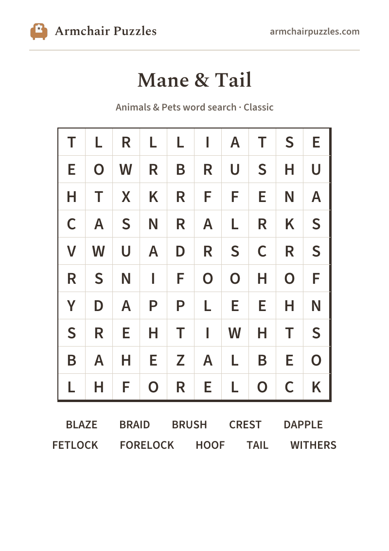 The printable Mane & Tail word search sheet