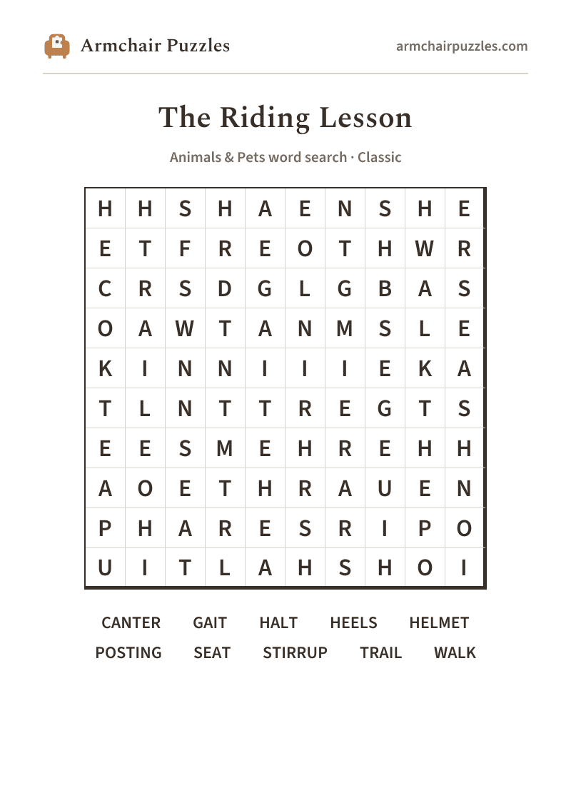 The printable The Riding Lesson word search sheet: large-print Classic grid with its word list