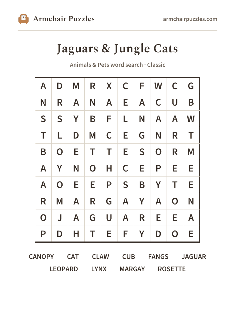 The printable Jaguars & Jungle Cats word search sheet