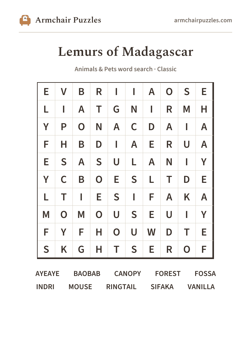 The printable Lemurs of Madagascar word search sheet