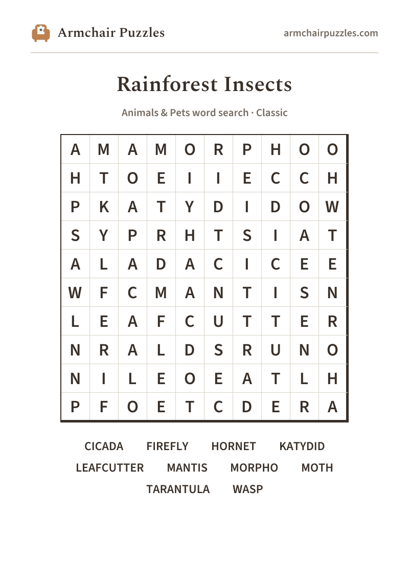 The printable Rainforest Insects word search sheet: large-print Classic grid with its word list