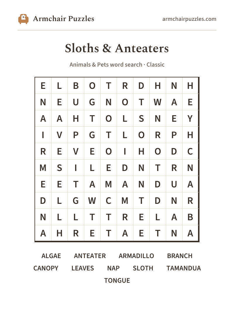 The printable Sloths & Anteaters word search sheet