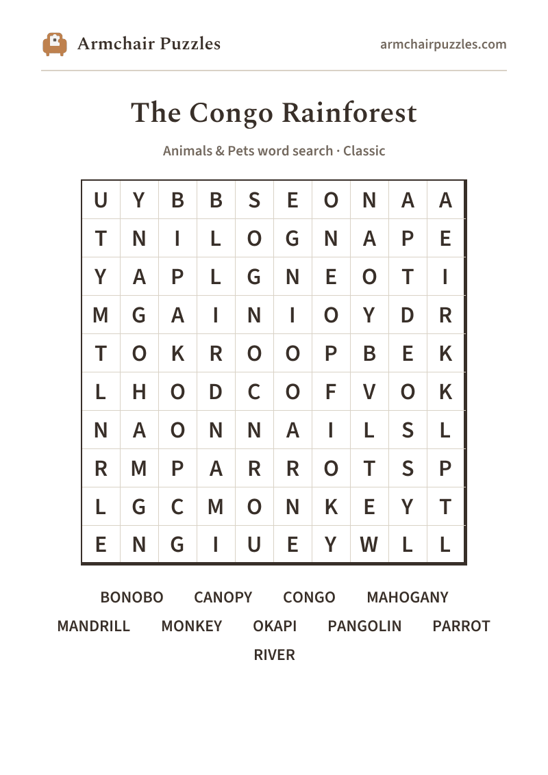 The printable The Congo Rainforest word search sheet: large-print Classic grid with its word list