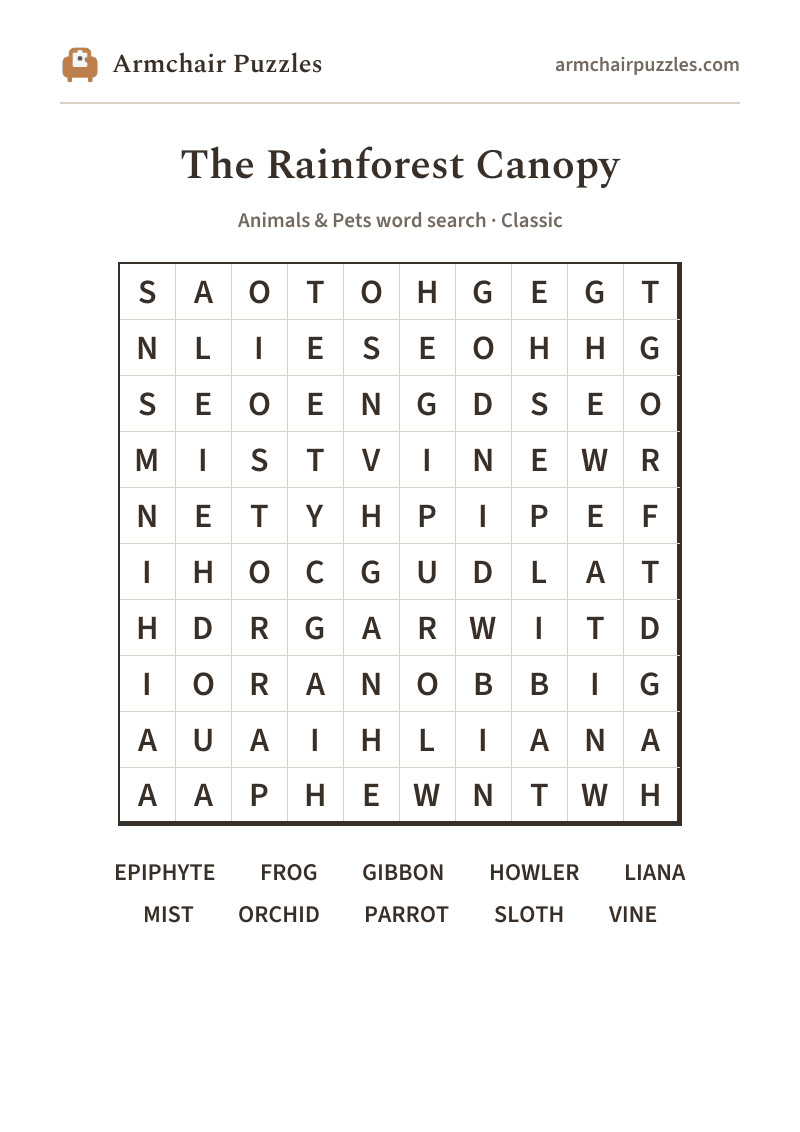 The printable The Rainforest Canopy word search sheet: large-print Classic grid with its word list