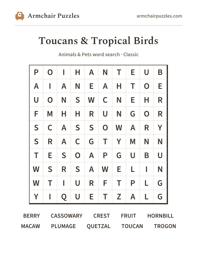 The printable Toucans & Tropical Birds word search sheet