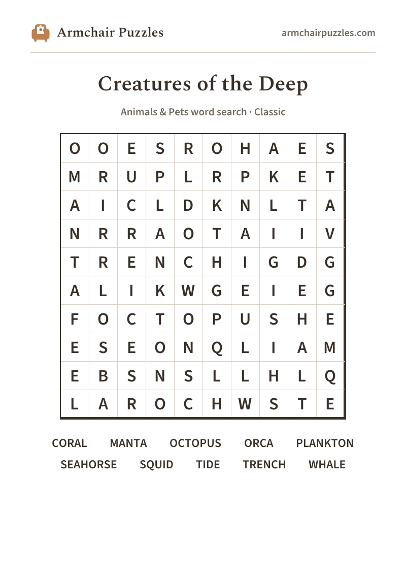 The printable Creatures of the Deep word search sheet
