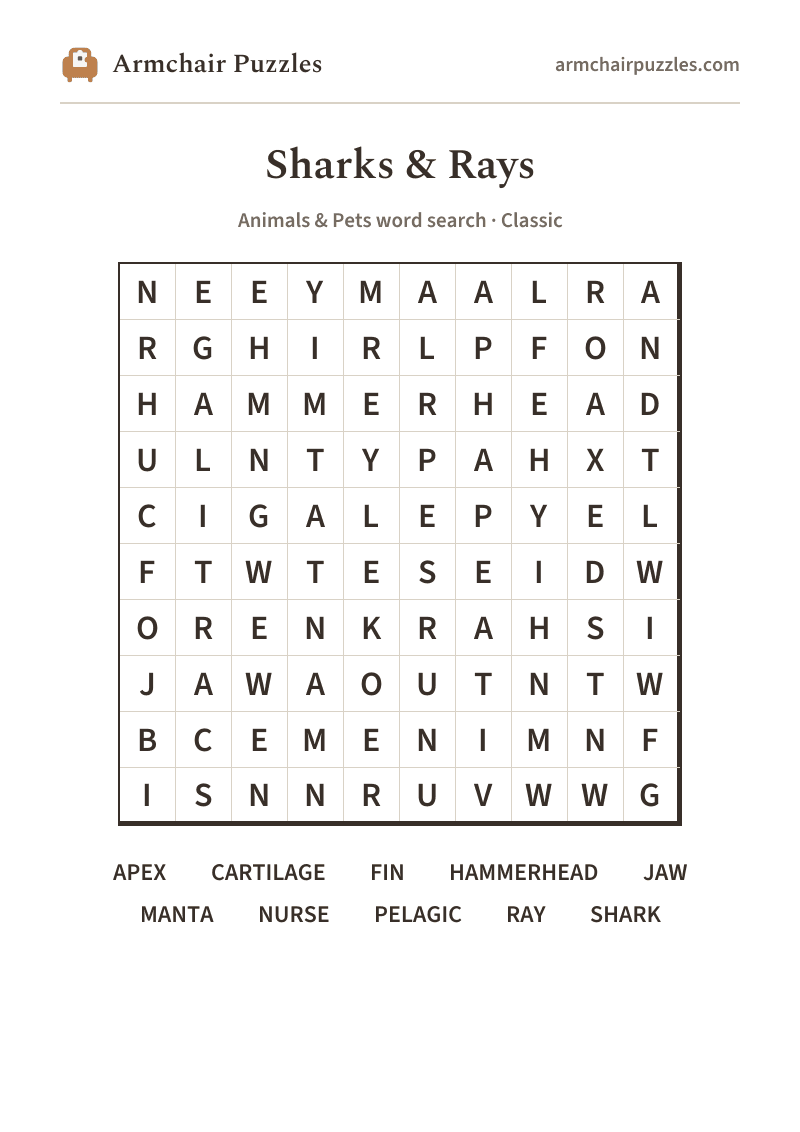 The printable Sharks & Rays word search sheet