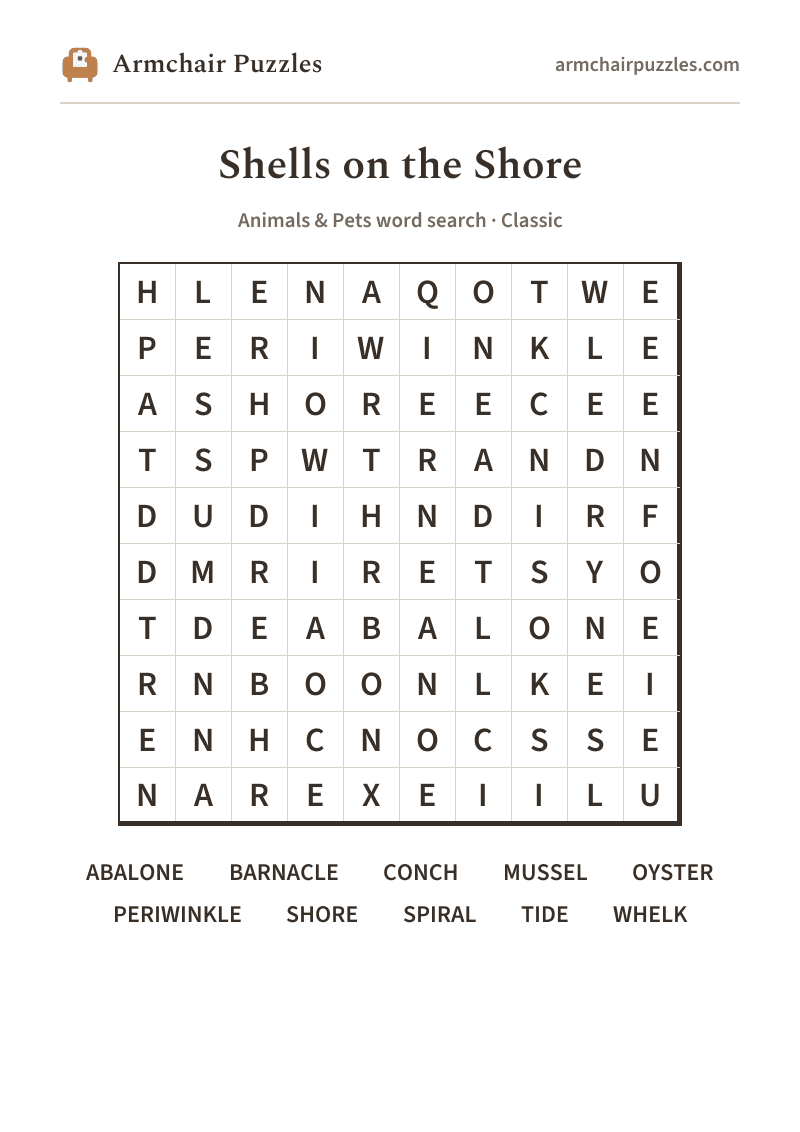 The printable Shells on the Shore word search sheet