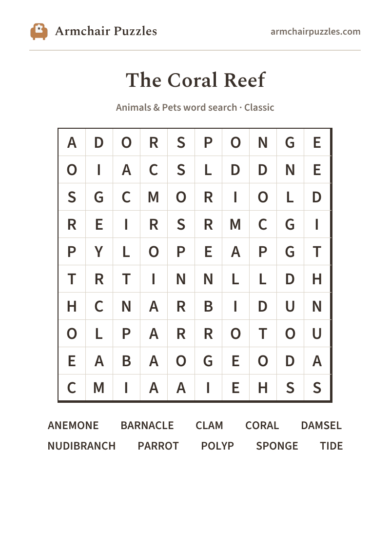 The printable The Coral Reef word search sheet