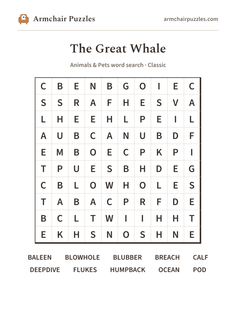 The printable The Great Whale word search sheet