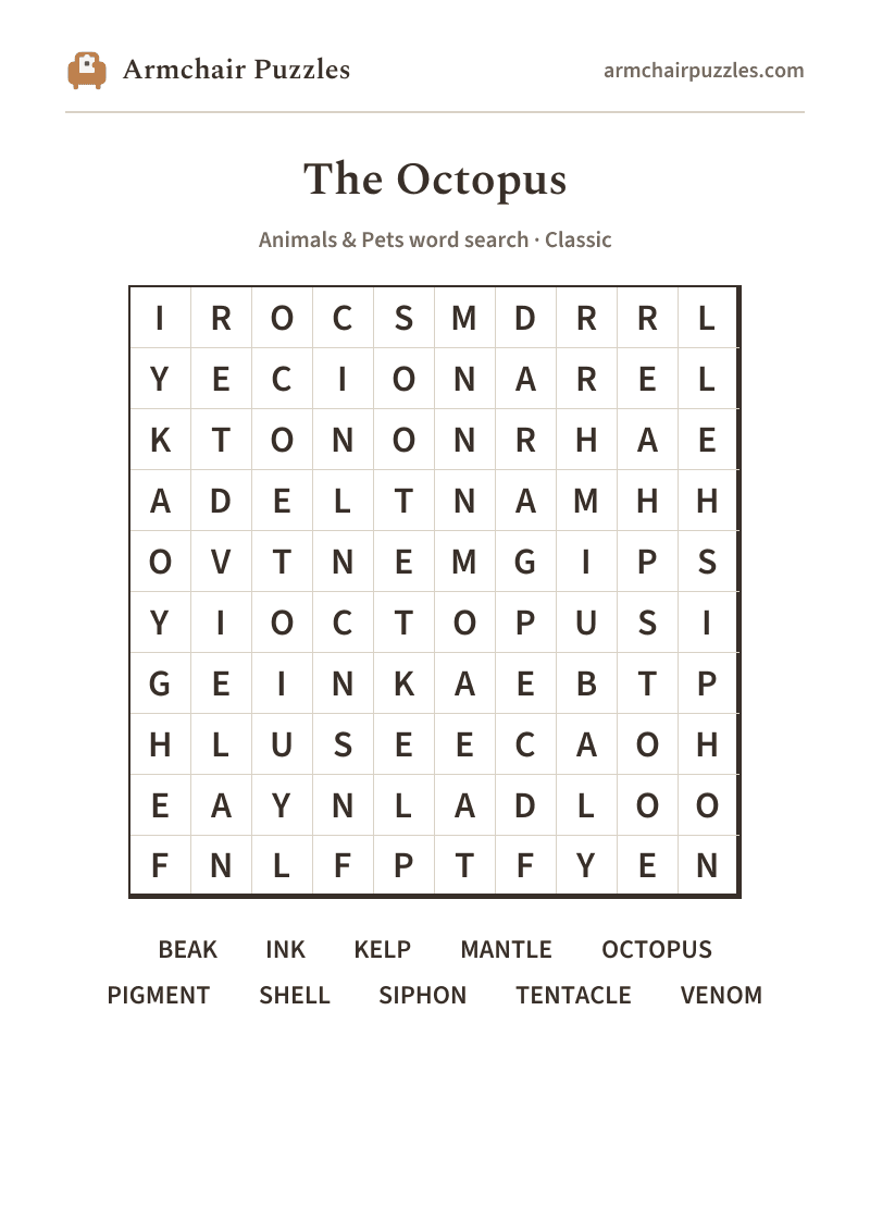 The printable The Octopus word search sheet