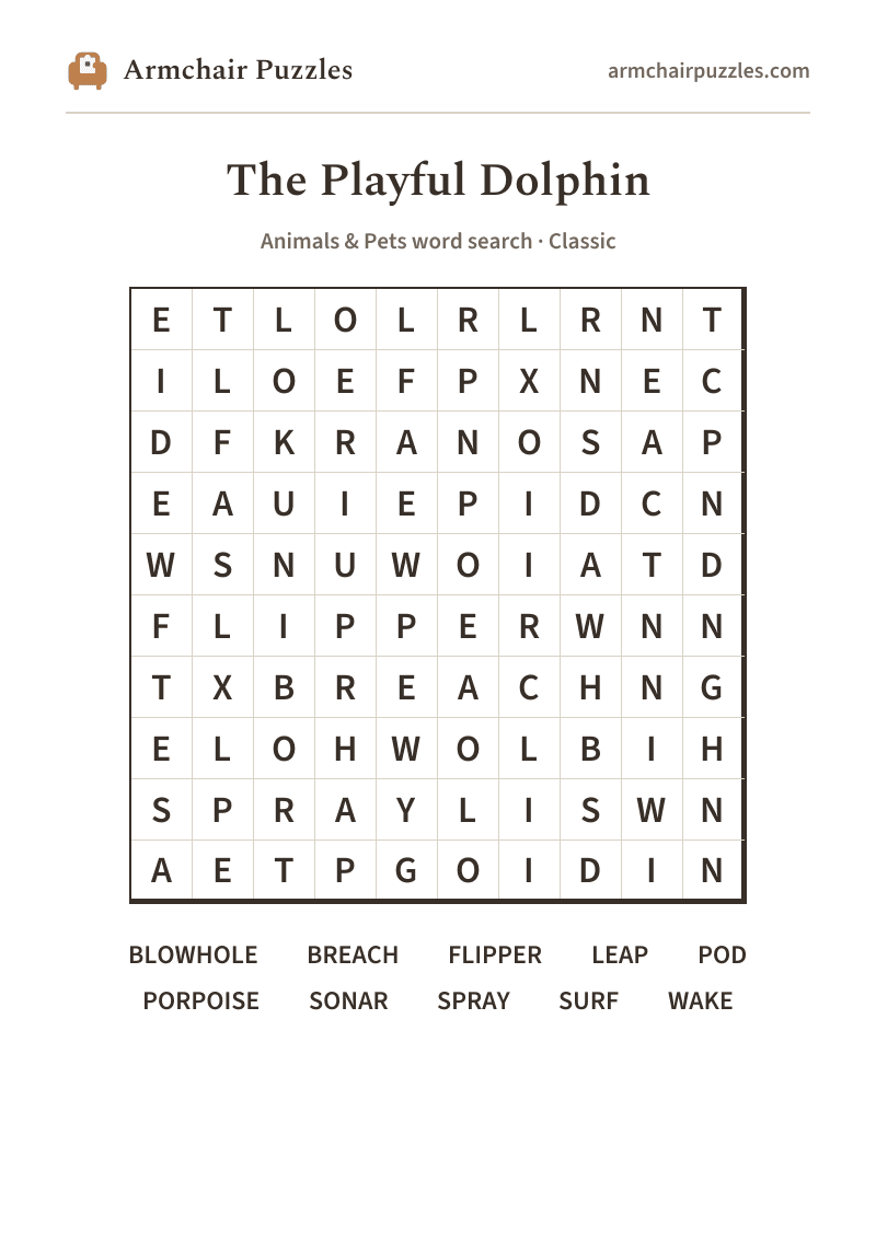 The printable The Playful Dolphin word search sheet