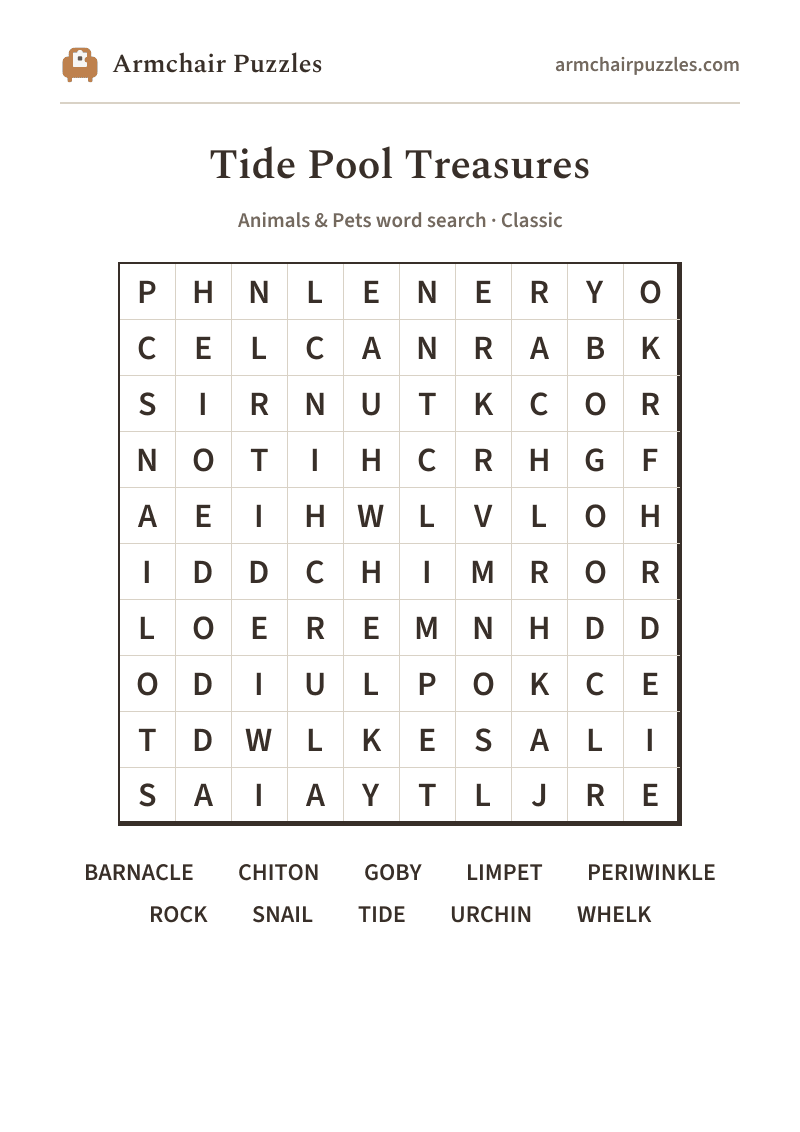 The printable Tide Pool Treasures word search sheet