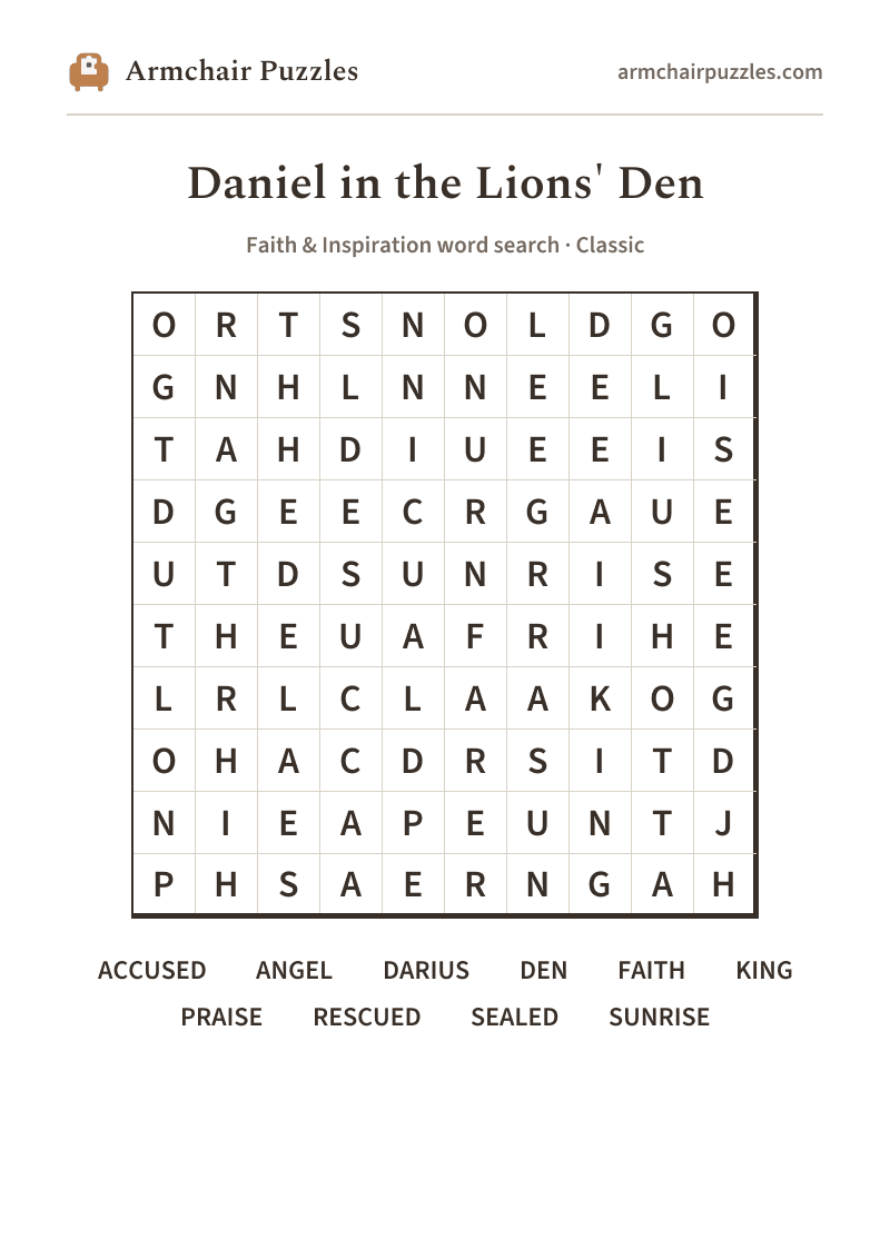 The printable Daniel in the Lions' Den word search sheet