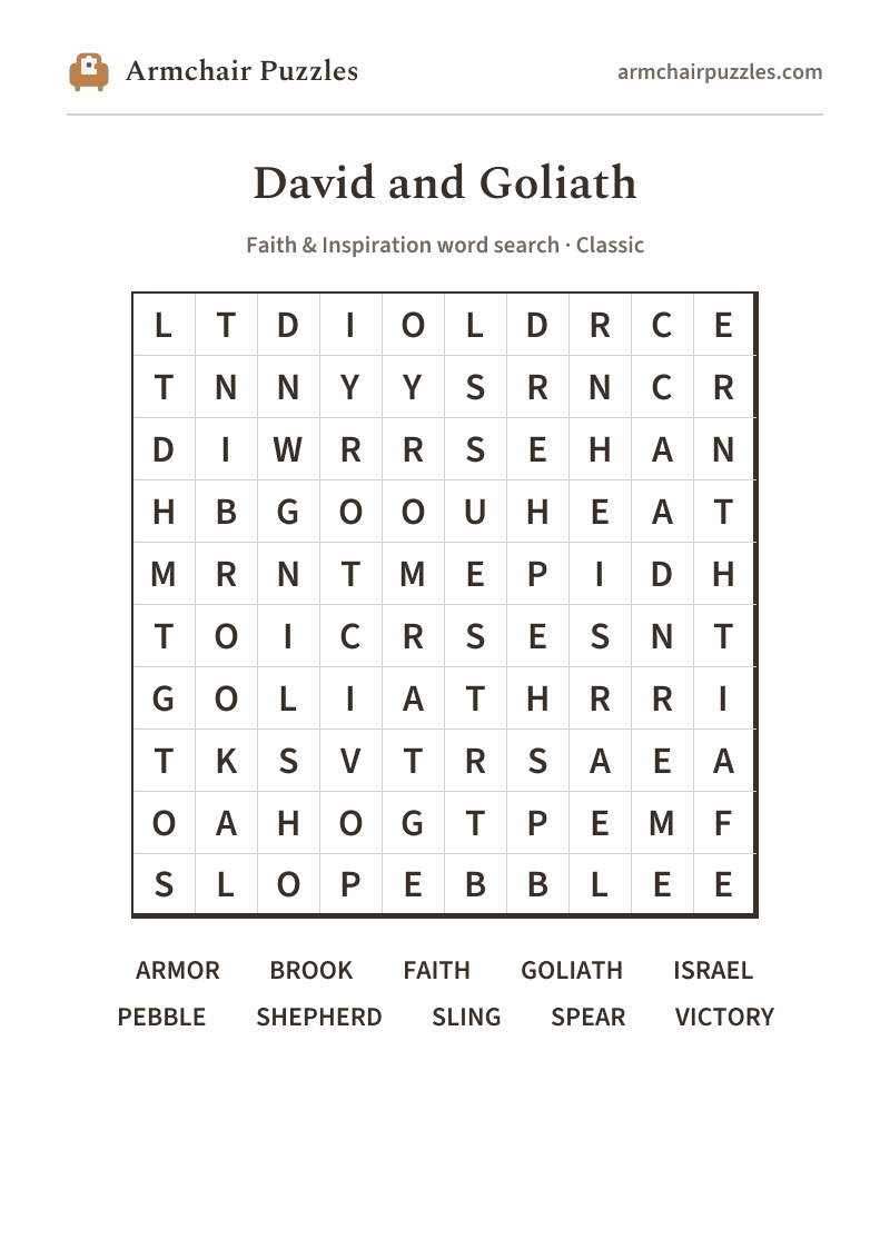 The printable David and Goliath word search sheet