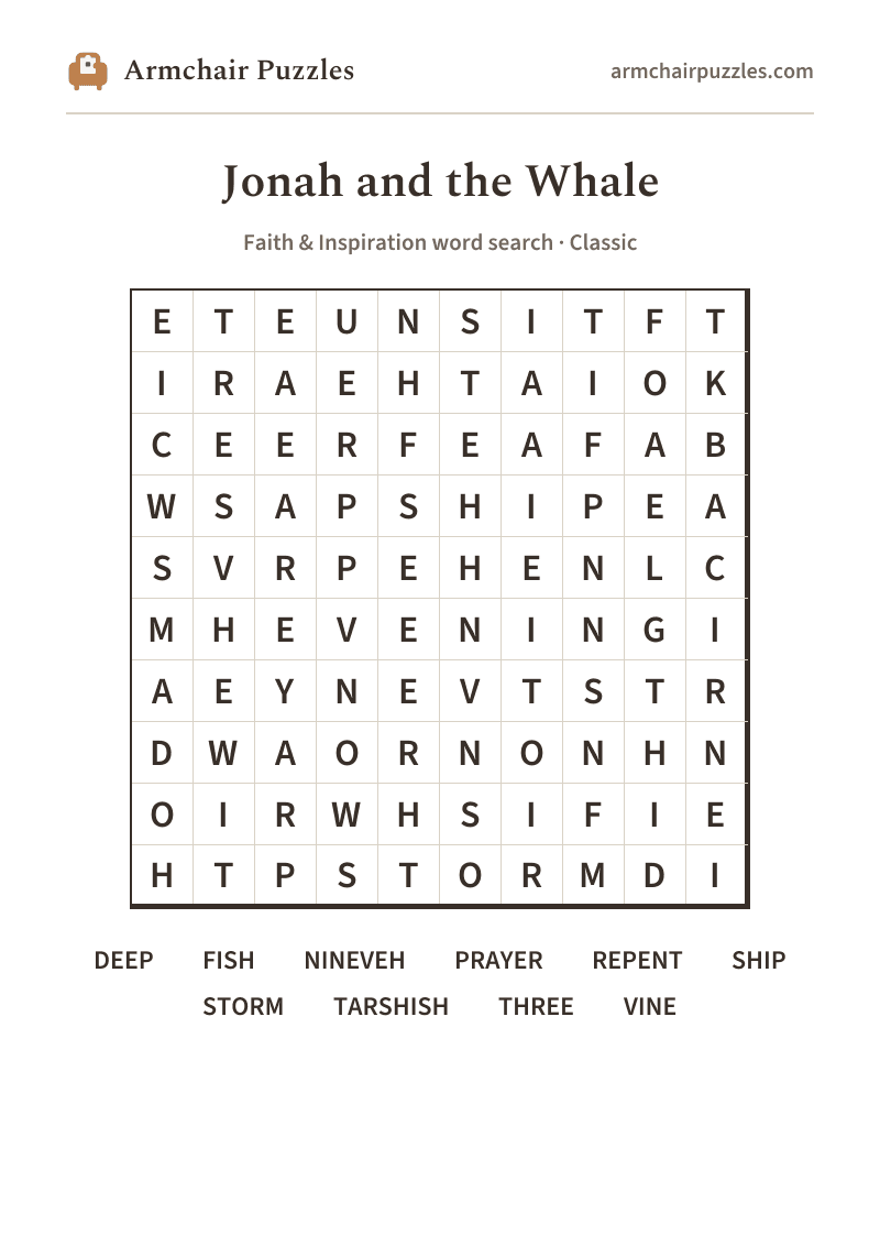 The printable Jonah and the Whale word search sheet