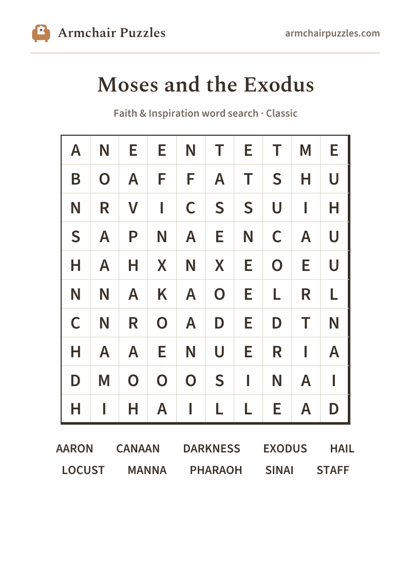The printable Moses and the Exodus word search sheet