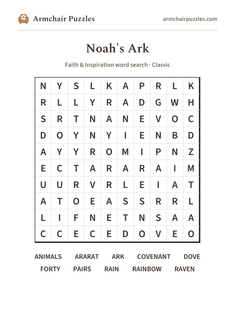 The printable Noah's Ark word search sheet