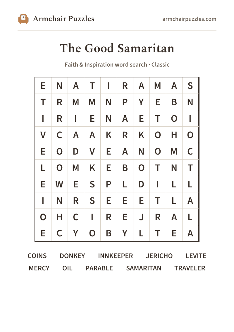 The printable The Good Samaritan word search sheet