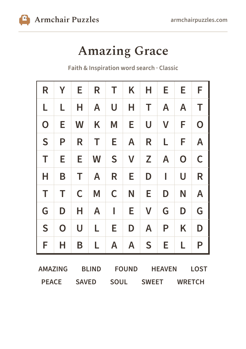The printable Amazing Grace word search sheet in large print