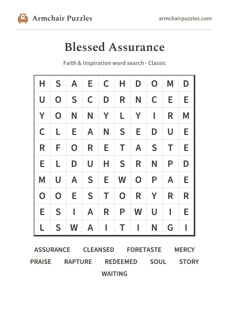 The printable Blessed Assurance word search sheet