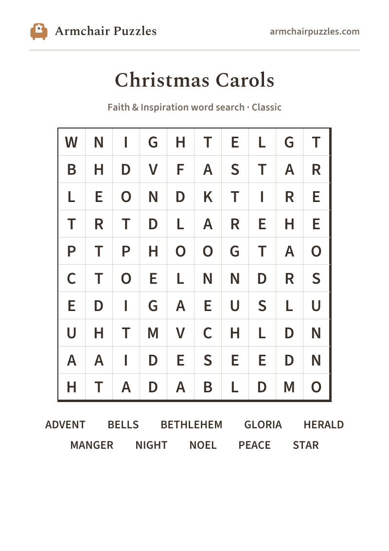 The printable Christmas Carols word search sheet