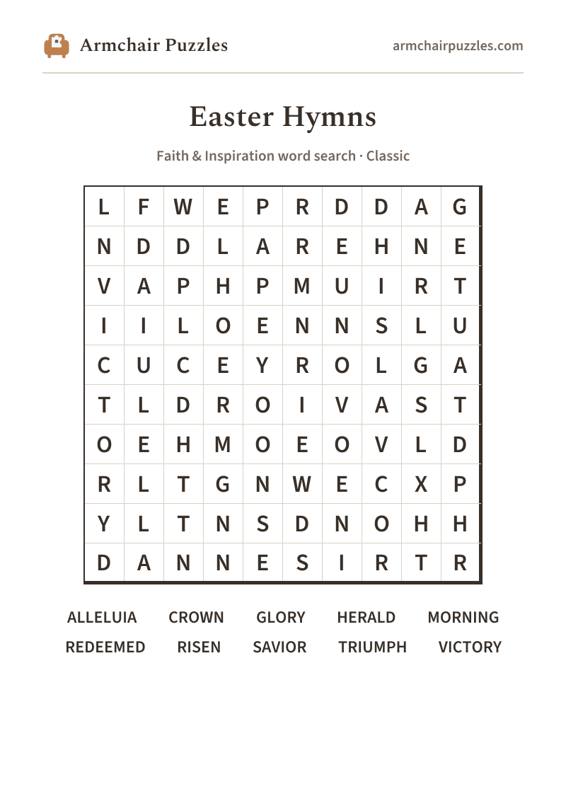 The printable Easter Hymns word search sheet