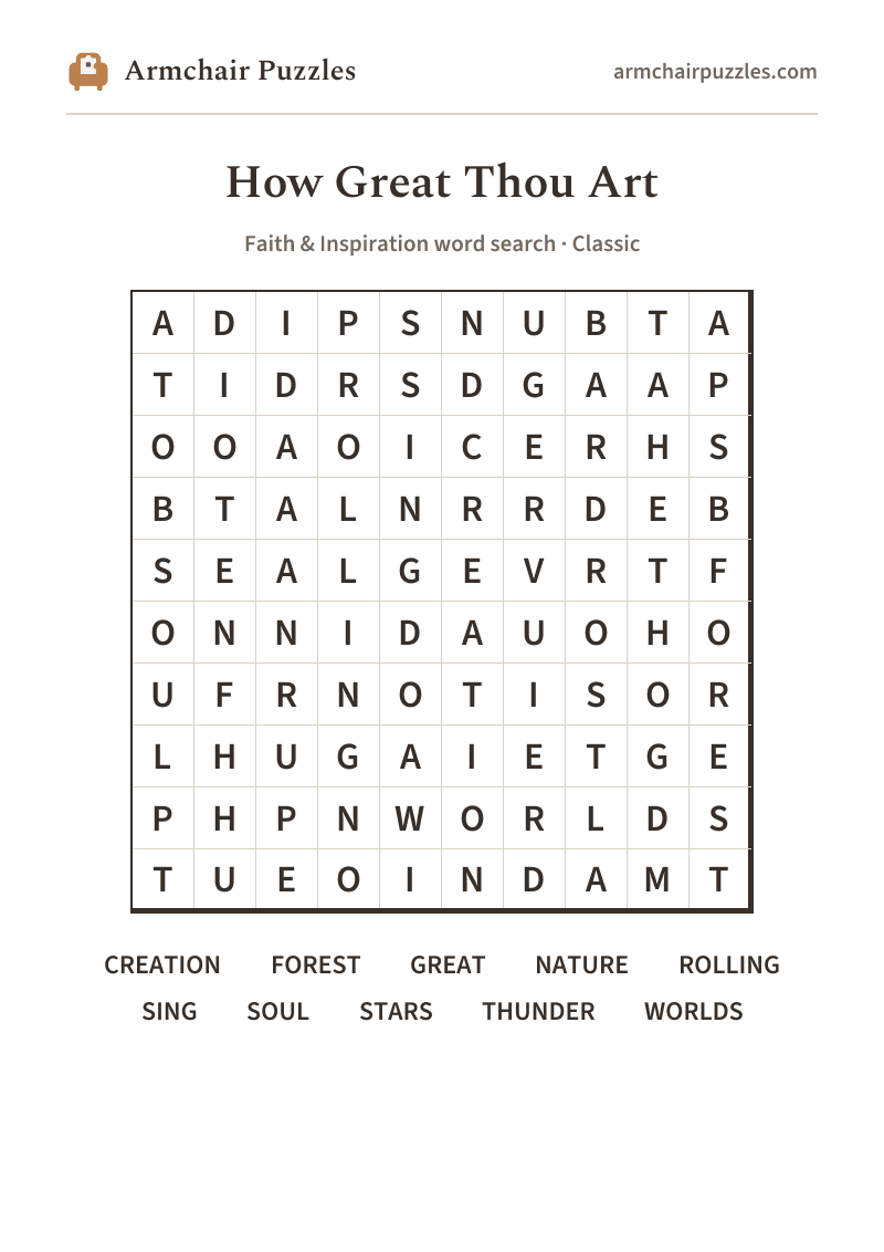 The printable How Great Thou Art word search sheet