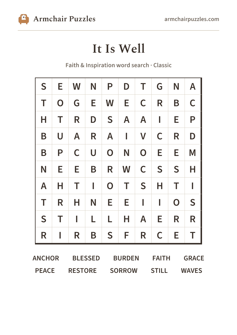 The printable It Is Well word search sheet
